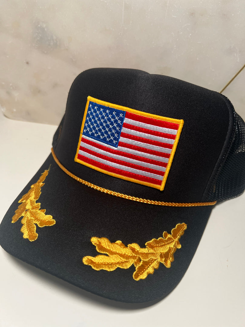 American Flag on Black Trucker with Gold Leaves